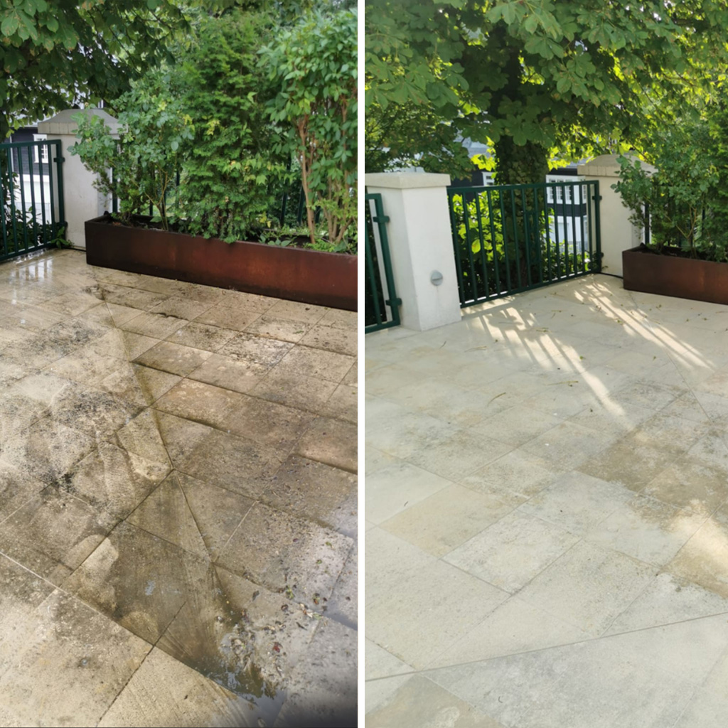 Agata Group | Naturstein-Terrasse im Vorher-Nachher-Vergleich: links mit dunklen Ablagerungen und Flecken, rechts nach fachgerechter Reinigung sichtbar aufgehellt und gepflegt.